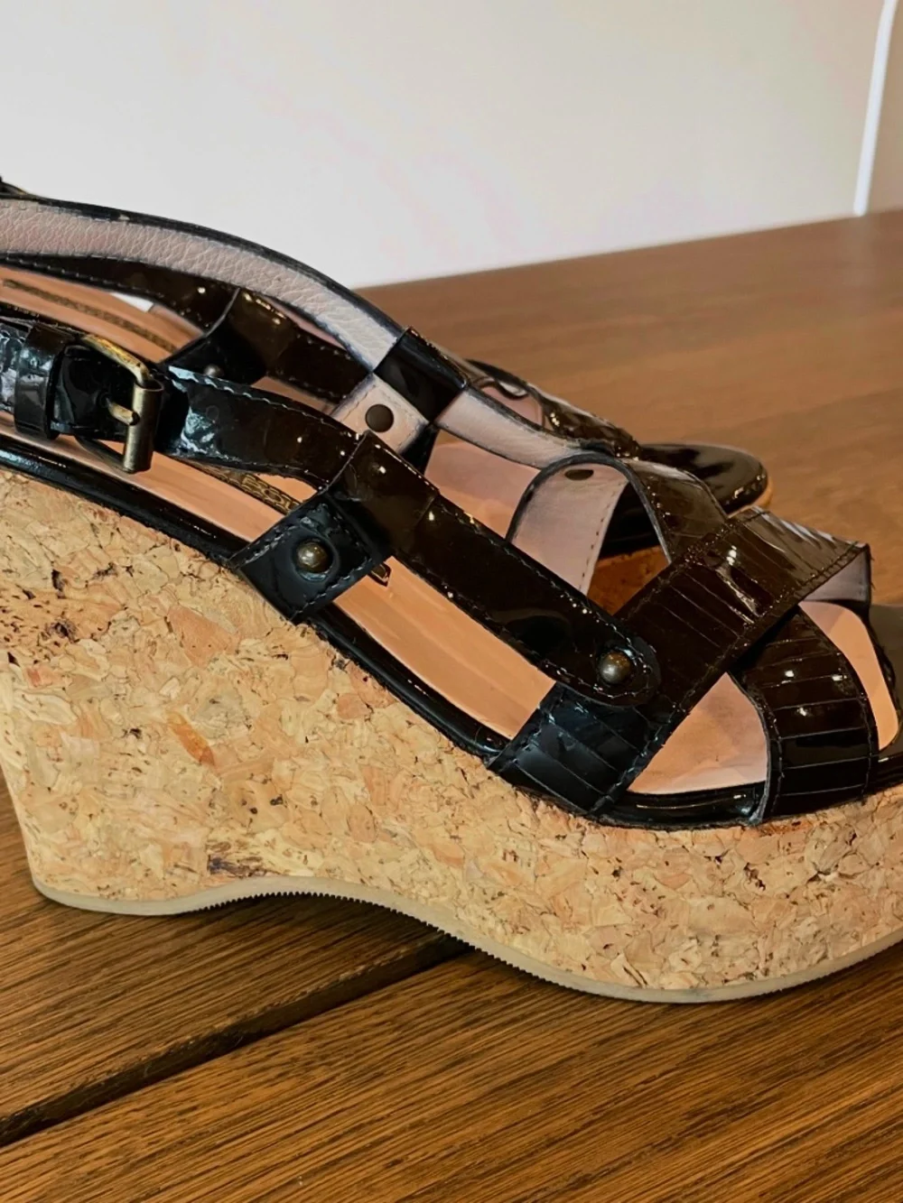 Studio Pollini Black Patent Leather Cork Wedge Sandals Made in Italy US7-7.5